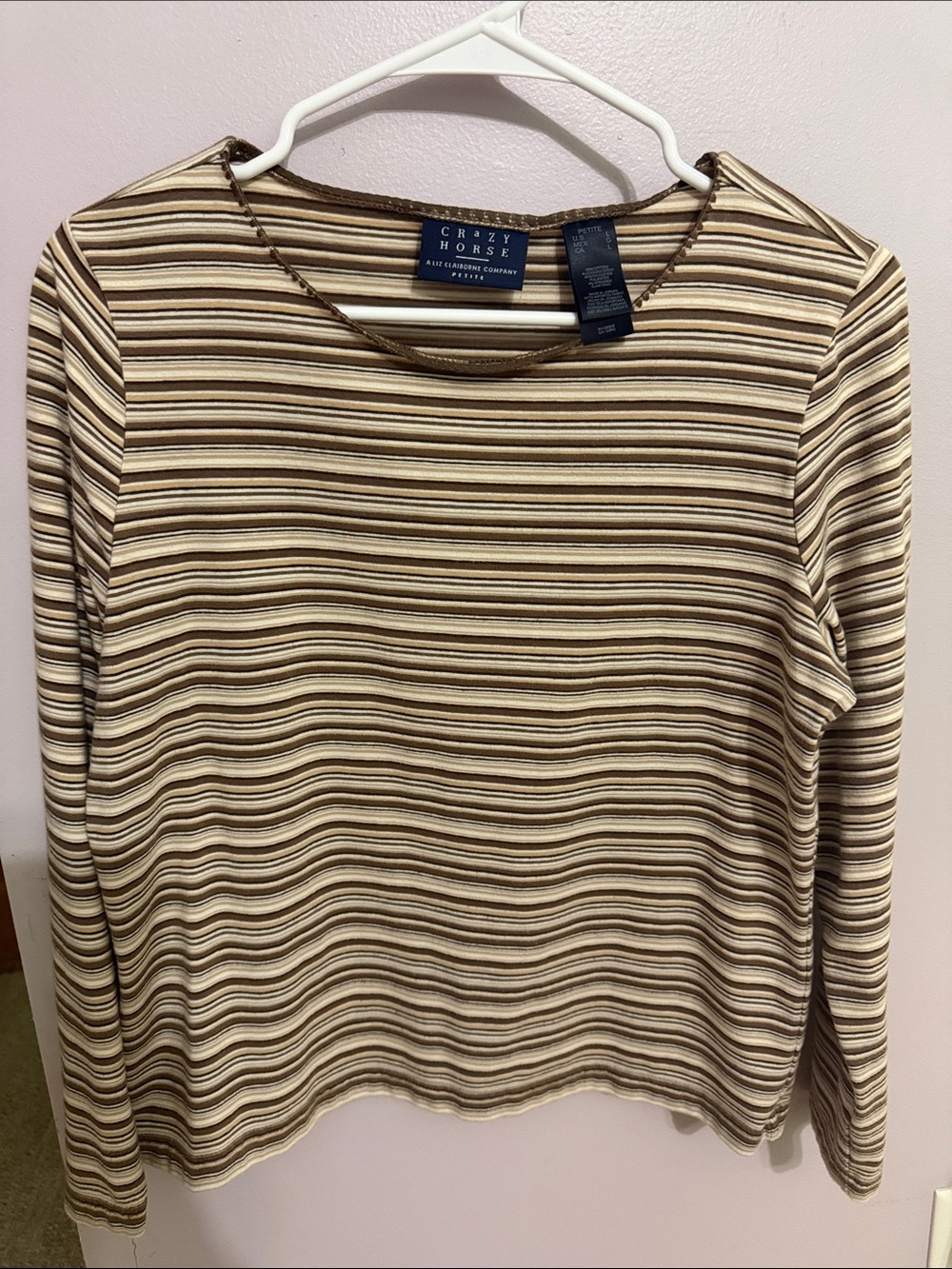 Liz Claiborne Long Sleeve Striped Tee in Cream and Brown